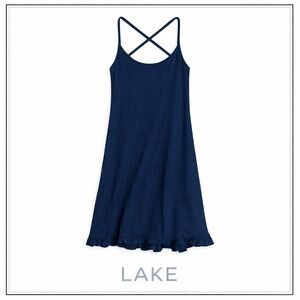 NEW Lake Pajamas DreamKnit Tank Nightgown Navy Blue Ruffle Hem Sleeveless  S